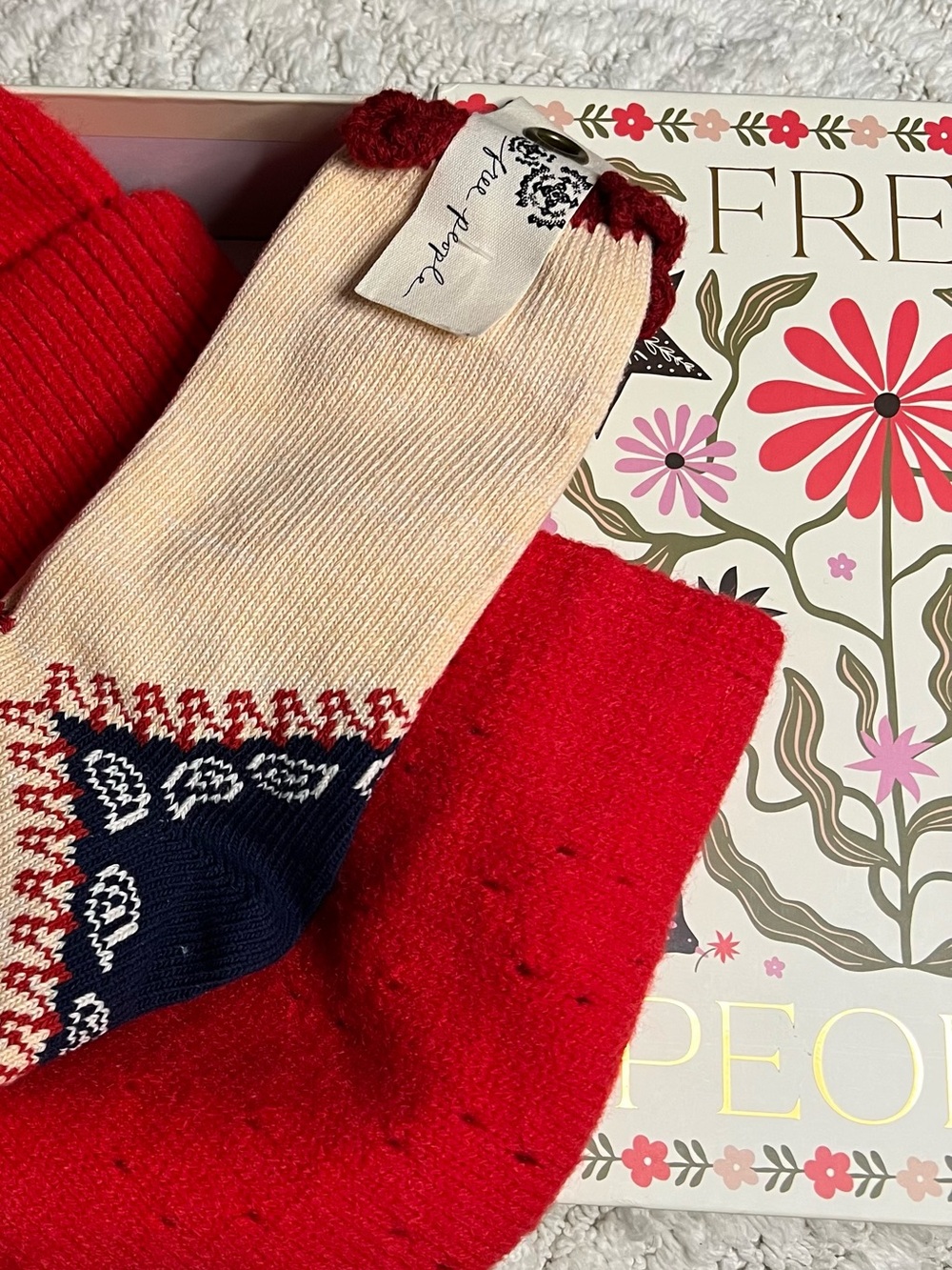 Merry Free People Bundle in Red Beanie Hat, Neckerchief Scarf & Socks Gift Box